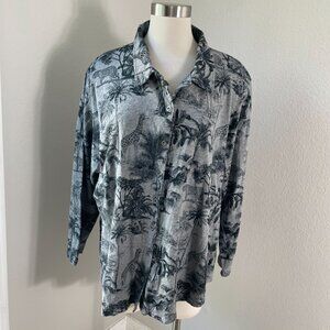 Jane Delancey Womens Plus 3X Button Up Shirt Gray Jungle Print Long Sleeve Top